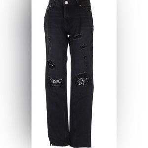 Black distressed crystals gemstones knee patch midrise‎ straight leg denim jeans